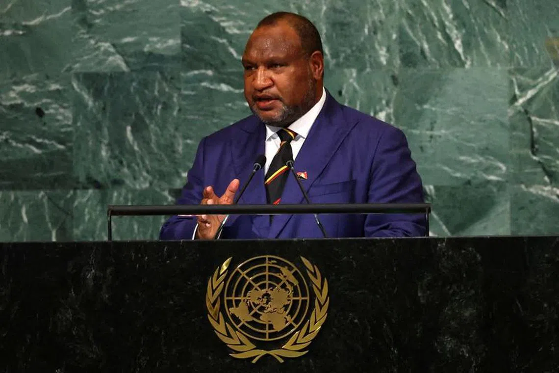 FILE PHOTO: Prime Minister of Papua New Guinea James Marape addresses the 77th Session of the United Nations General Assembly at U.N. Headquarters in New York City, U.S., September 22, 2022. REUTERS/Mike Segar/File Photo