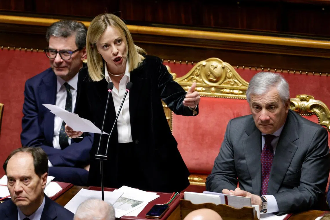 Italy's Prime Minister Giorgia Meloni addresses the upper house of the Parliament in Rome, ahead of a European Union leaders' summit, in Rome, Italy, March 18, 2025. REUTERS/Remo Casilli