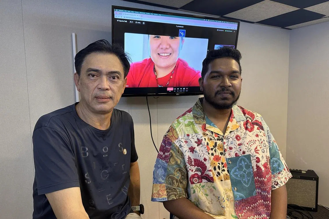 (From left) Former national swimmer David Lim, Asian Games winner and a former teammate of Schooling's Tao Li and ST sports reporter Deepanraj Ganesan in the podcast studio.