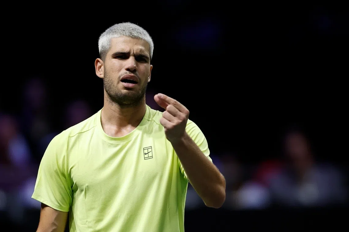 World No. 1 Carlos Alcaraz gestures during his second-round match against Britain's Cameron Norrie. He could lose his ranking if rival Jannik Sinner wins the tournament.