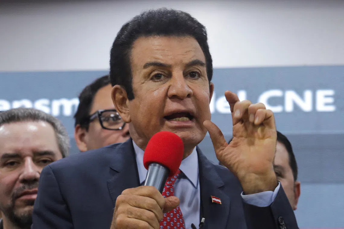 Presidential candidate Salvador Nasralla of Honduras' Liberal Party (PLH) gestures during a press conference amid reports of a tied vote count, in Tegucigalpa, Honduras, December 2, 2025. REUTERS/Fredy Rodriguez