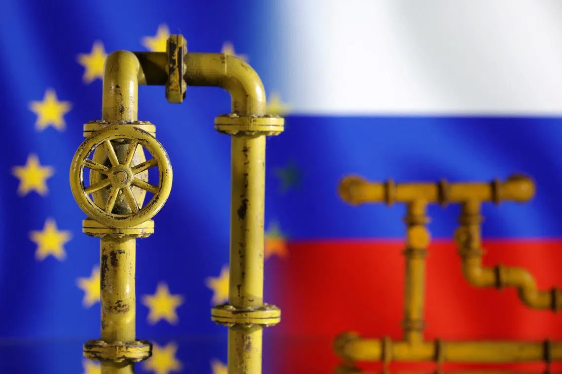 FILE PHOTO: Model of natural gas pipeline, EU and Russia flags, July 18, 2022. REUTERS/Dado Ruvic/Illustration/File Photo
