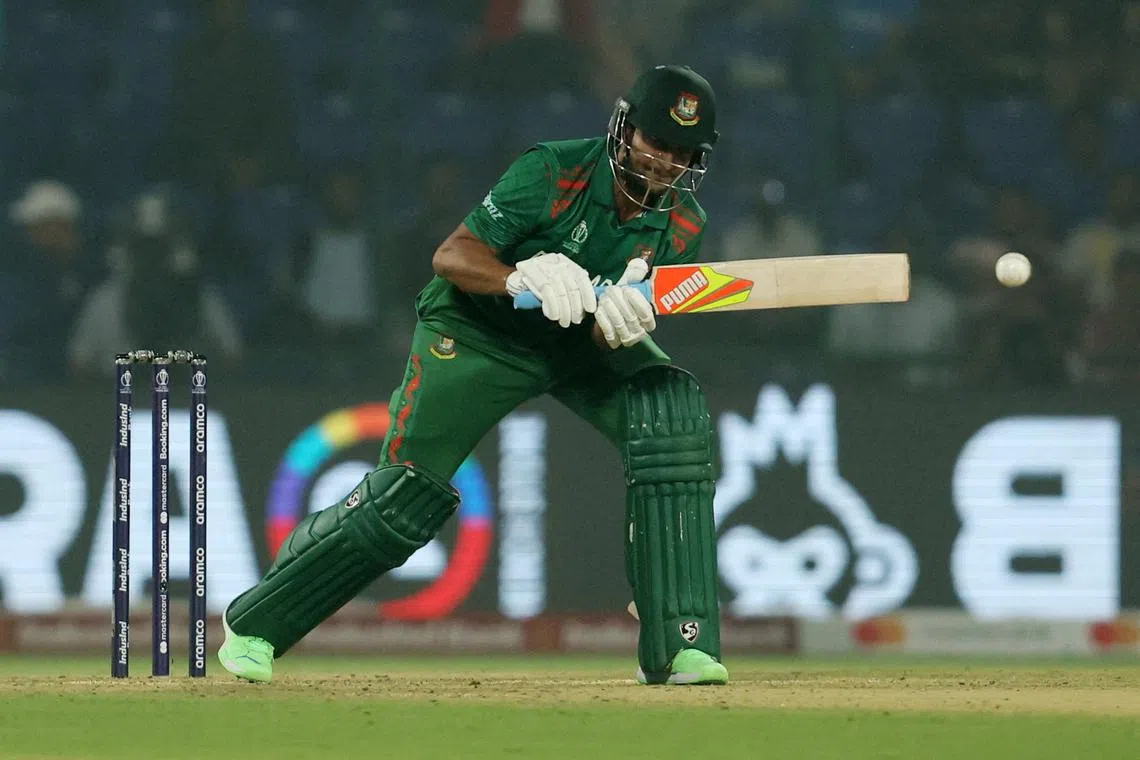 FILE PHOTO: Cricket - ICC Cricket World Cup 2023 - Bangladesh v Sri Lanka - Arun Jaitley Stadium, New Delhi, India - November 6, 2023 Bangladesh's Shakib Al Hasan in action REUTERS/Anushree Fadnavis/File Photo