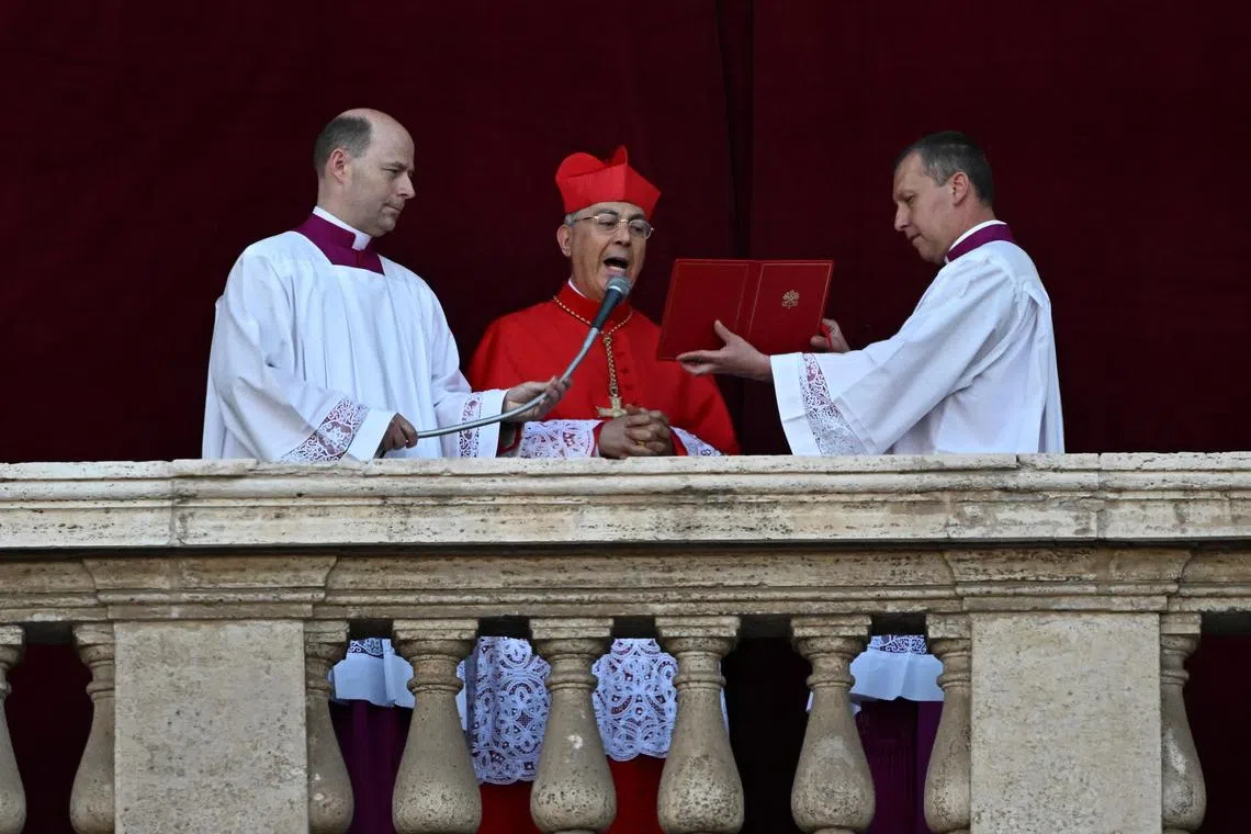 Cardinal Protodeacon Dominique Mamberti announcing that a new pope has been elected by the conclave at the Vatican on May 8.