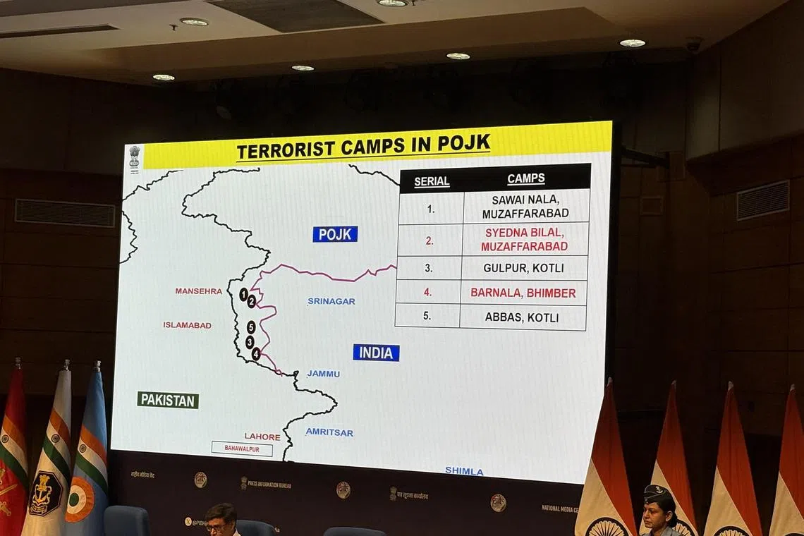 An Indian government media briefing on May 7 included a map showing the location of Indian strikes in Pakistan. POJK refers towhat India calls Pakistan-occupied Jammu and Kashmir.