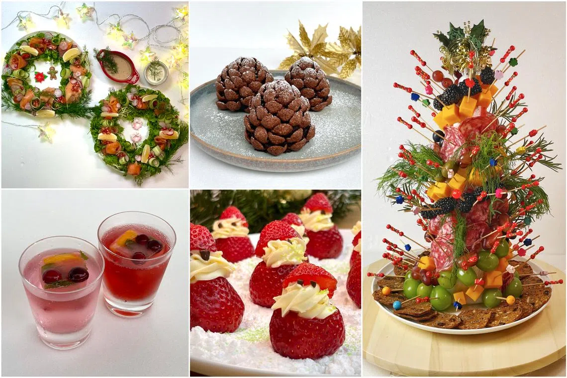 (Clockwise from top left) Smoked salmon salad wreath, pine cone brownies, charcuterie tree and strawberry Santas, cranberry pomegranate ice cubes.