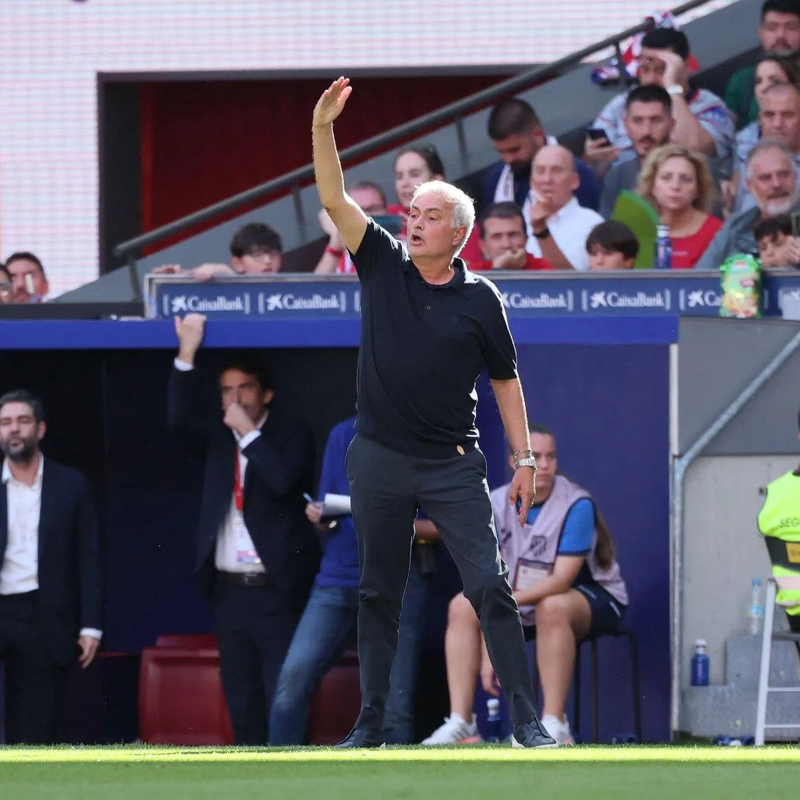 Real Madrid’s Portuguese coach Jose Mourinho gesturing to players during his side’s 2-1 La Liga loss to Atletico Madrid at the Metropolitano in Madrid on Sept 20.