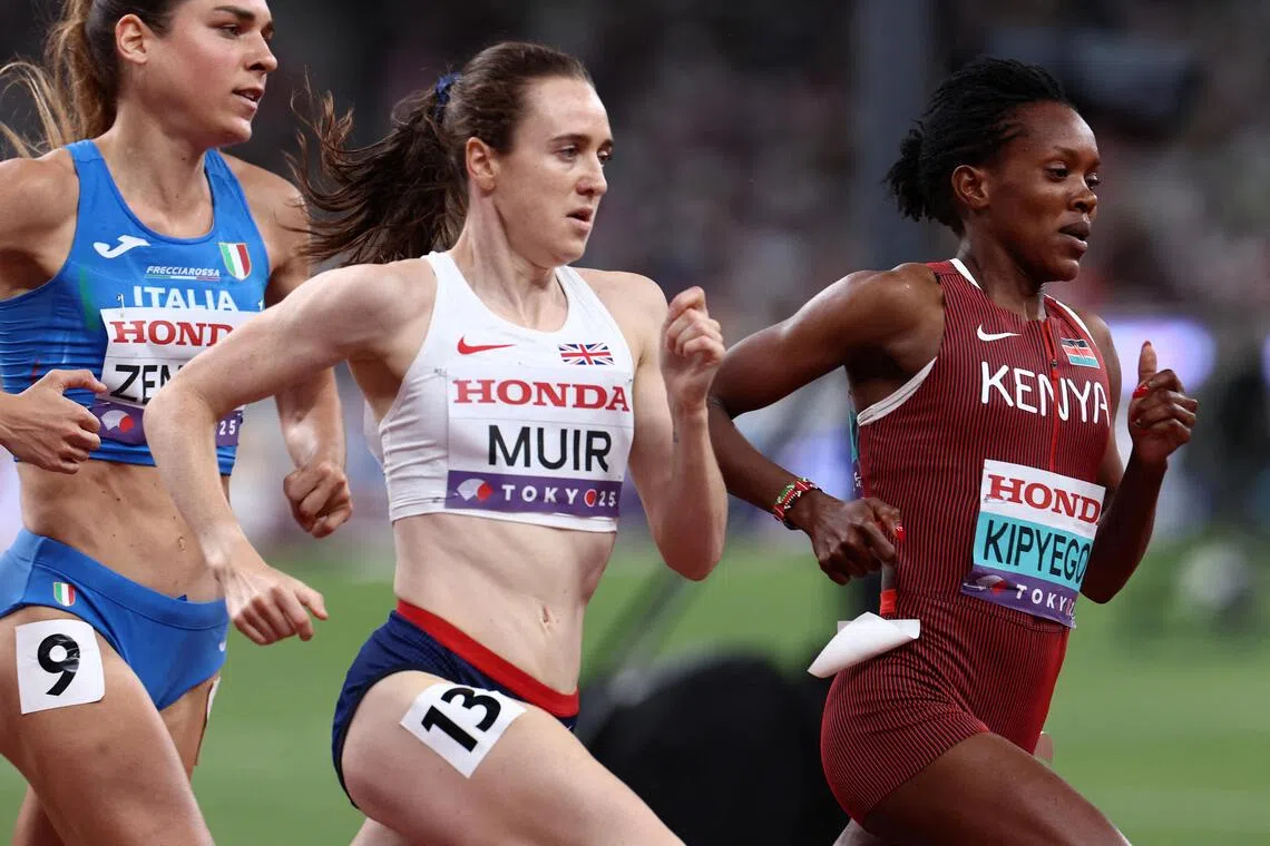Britain's Laura Muir with Italy's Marta Zenoni and Kenya's eventual champion Faith Kipyegon in the women's 1,500m heats at the World Athletics Championships in Tokyo on Sept 13, 2025. Muir did not advance.