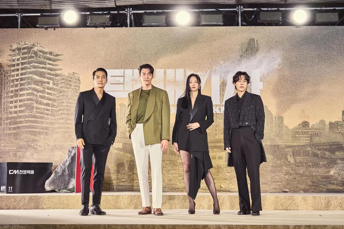 The cast of Netflix K-drama Black Knight - (from left) Song Seung-heon, Kim Woo-bin, Esom and Kang You-seok - at a press conference for the dystopian K-drama in Seoul on May 10.
