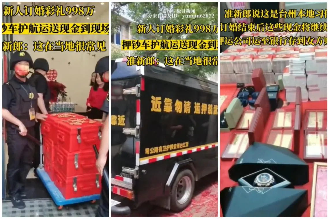 The dowry was transferred in six safes brightly coloured in auspicious red shades by four professional escorts.