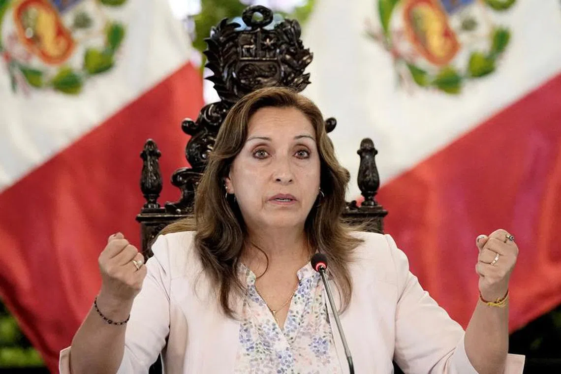 FILE PHOTO: Peru's President Dina Boluarte addresses the media, in Lima, Peru December 29, 2022. REUTERS/Angela Ponce/File Photo