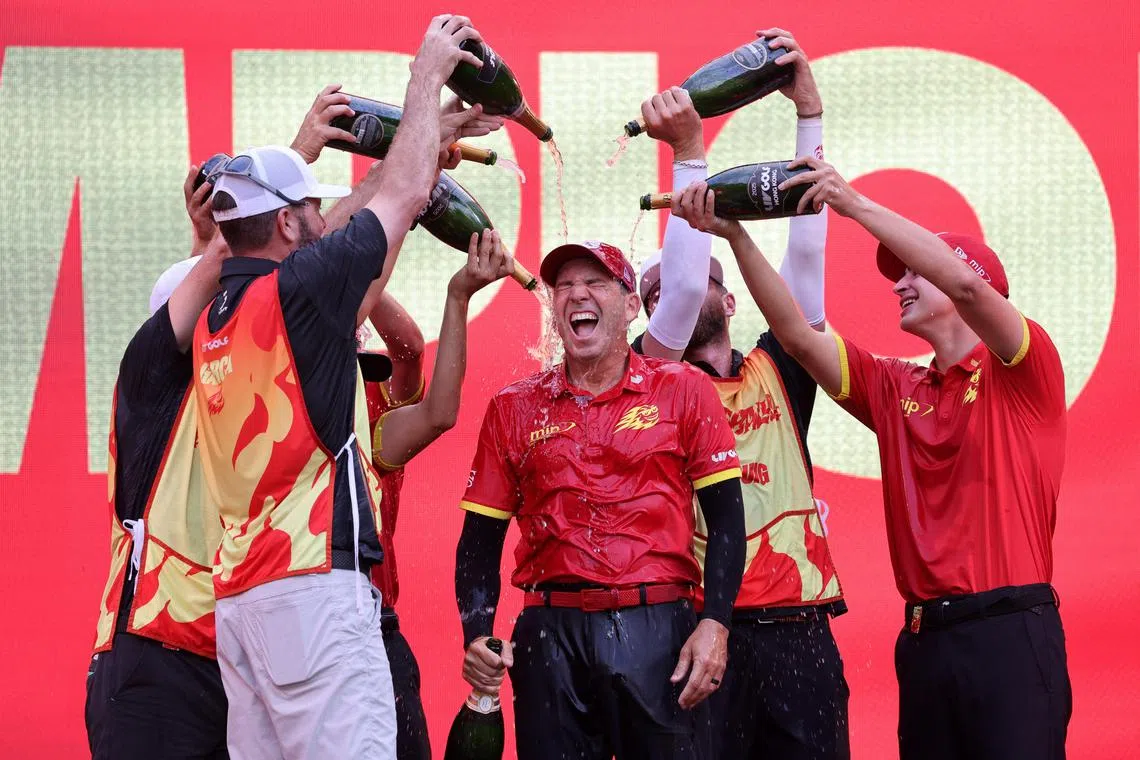 Fireballs GC's Sergio Garcia being doused in champagne by his teammates after winning LIV Golf Hong Kong on March 9 at Hong Kong Golf Club in Sheung Shui.
