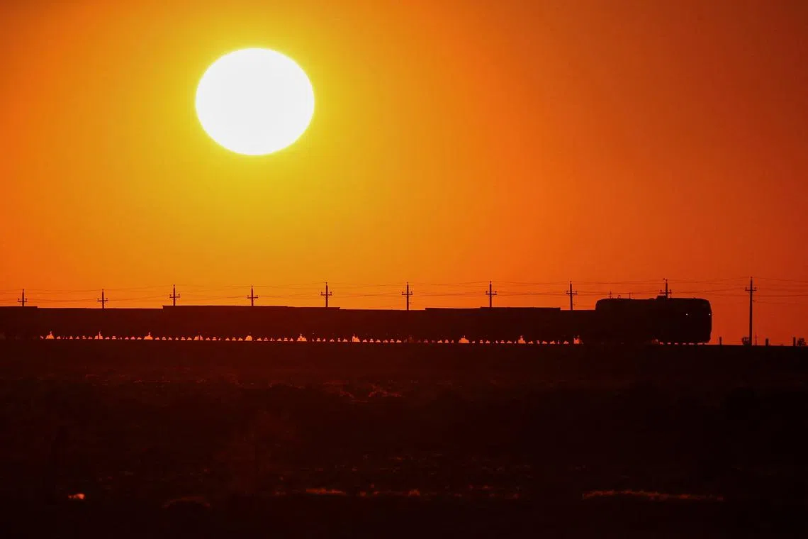 FILE PHOTO: A freight train moves during sunset in the Almaty region, Kazakhstan May 3, 2023. REUTERS/Pavel Mikheyev/File Photo