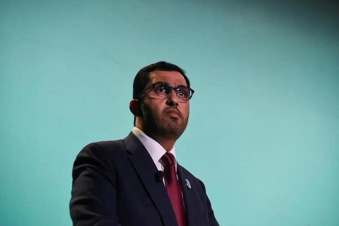 FILE PHOTO: United Arab Emirates Minister of Industry and Advanced Technology and CEO of ADNOC Sultan Al Jaber, looks on while delivering a speech during the CERAWeek 2023 energy conference in Houston, Texas, U.S. March 6, 2023.  REUTERS/Callaghan O'Hare/File Photo