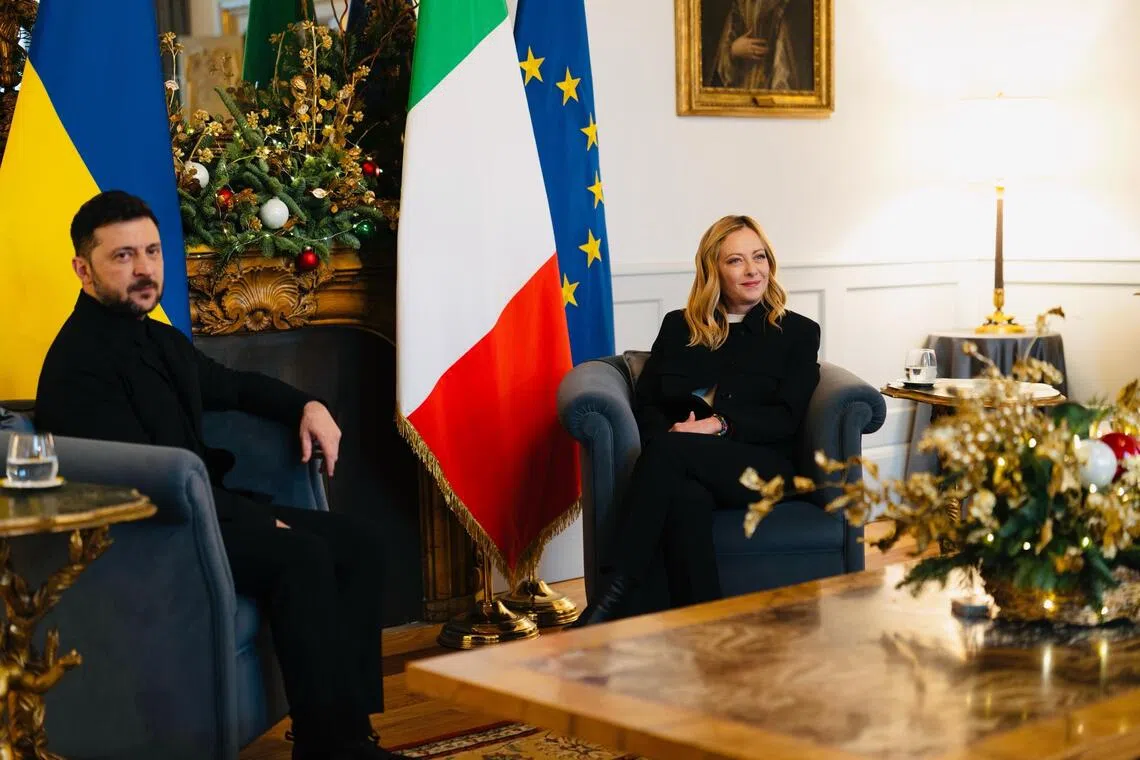 Ukrainian President Volodymyr Zelensky (left) and Italian Prime Minister Giorgia Meloni meeting in Rome, Italy, on Dec 9.