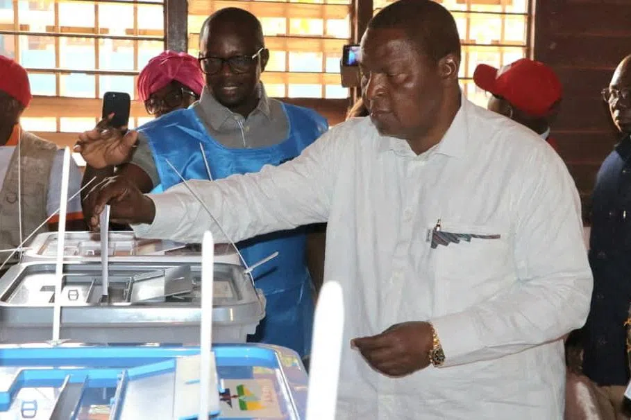 President of the Central African Republic and United Hearts Movement presidential candidate Faustin-Archange Touadera, casts his vote during the presidential election at a polling station in Bangui, Central African Republic December 28, 2025. Central African Presidency's Press Service/Handout via REUTERS