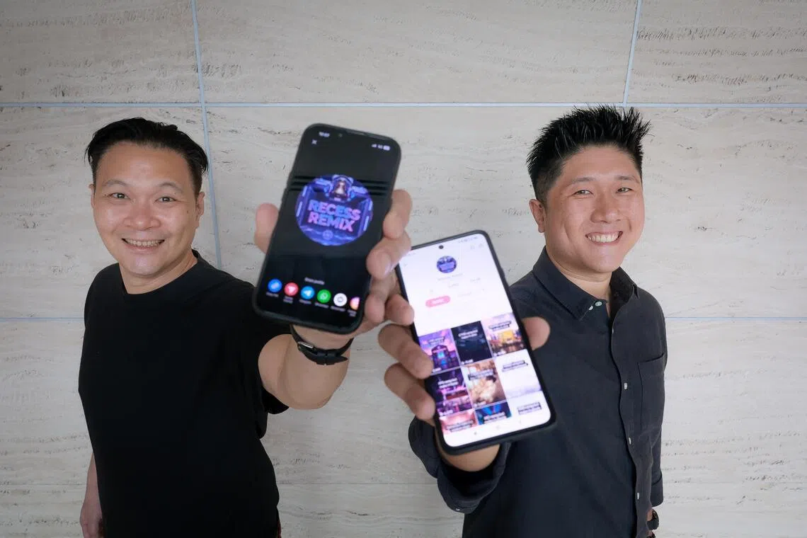 Matthew Lee (left) and Yap Wei Zi are the creators behind Recess Remix, a TikTok account that went viral for creating AI remixes of Singapore school anthems.