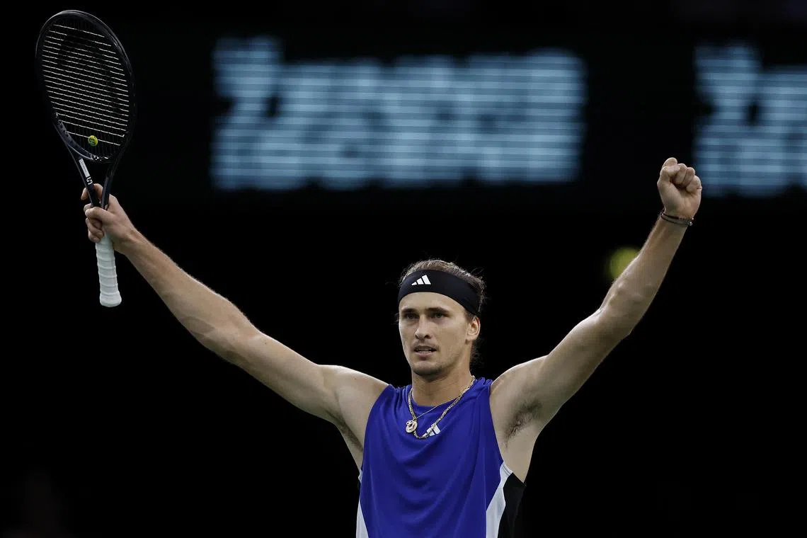Germany's Alexander Zverev celebrating his win over Denmark's Holger Rune, on Nov 2.