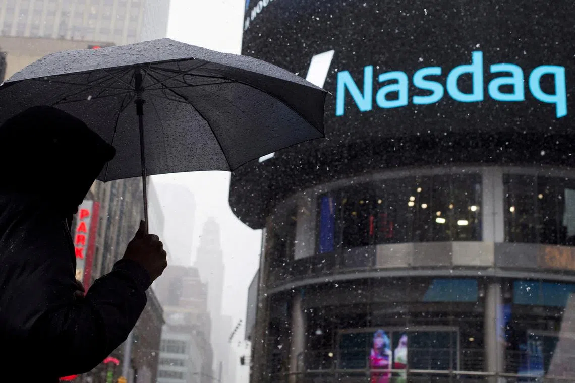 The tech-rich index fell 2.8 per cent to 18,095.15, with Apple and Amazon falling ahead of their results, following big drops by Microsoft and Meta.