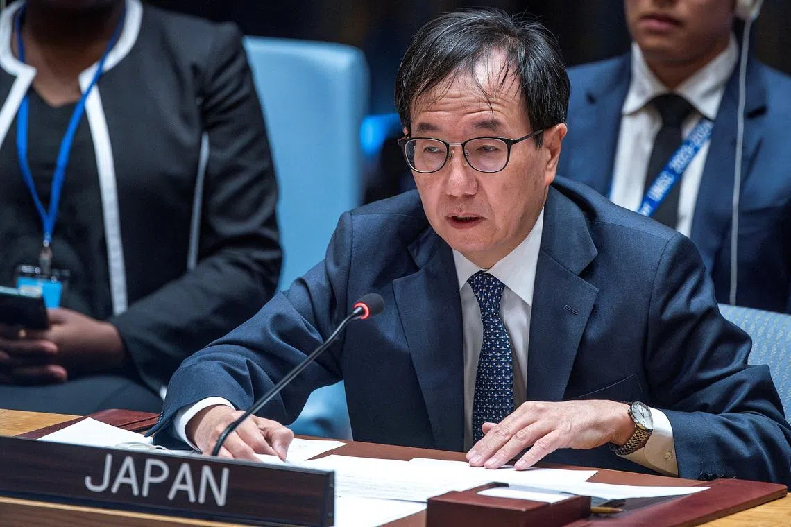 FILE PHOTO: Japan's Ambassador to the United Nations Yamazaki Kazuyuki speaks to members of Security Council during a meeting on the situation in the Middle East at U.N. headquarters in New York City, New York, U.S., April 14, 2024. REUTERS/Eduardo Munoz/File Photo