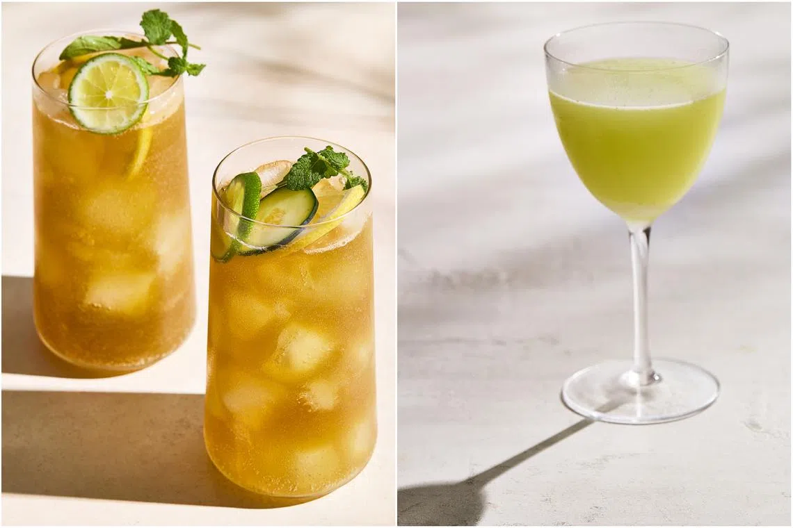 (From left) Arugula-mint Pimm’s Cup cocktail, Snap Pea Gimlet.
