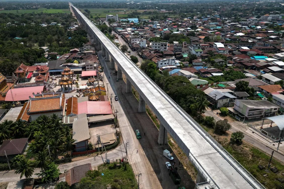 An aerial photo taken on March 29, 2023 shows an elevated track, still under construction as part of the Thai-Chinese Bangkok-Nong Khai high-speed railway project, in Nakhon Ratchasima province.