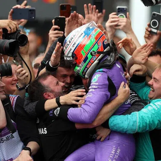 Race winner Kimi Antonelli and Mercedes AMG Petronas F1 Team celebrates with his team in parc ferme during the Miami Grand Prix on May 3.