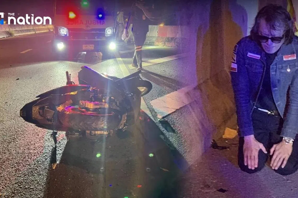 Online clips show Thai pop star Tik Shiro on his knees, apologising after his van hit a motorcycle, killing a woman.