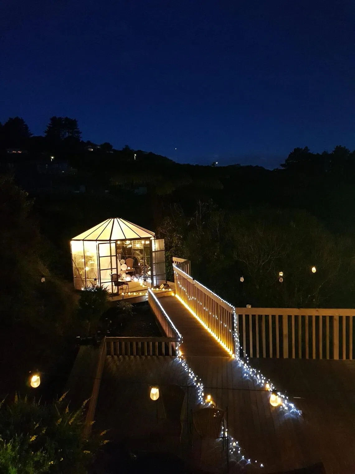 Greenhouse, night time, fairy lights, celebrations