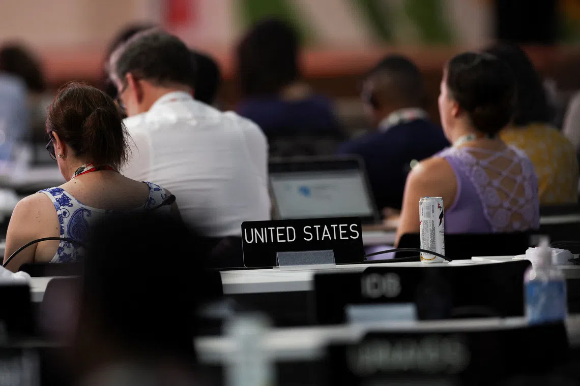 Empty seats of the United States delegation during the High-Level Segment (HLS) at the U.N. Climate Change Conference (COP30) in Belem, Brazil, November 17, 2025. REUTERS/Adriano Machado