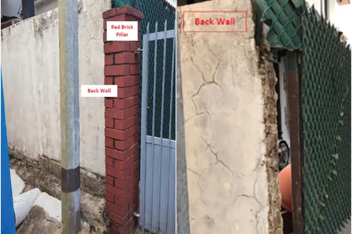 The defendants' renovation contractors removed the red brick pillar (left), leaving a gap between the back wall and the fence. 