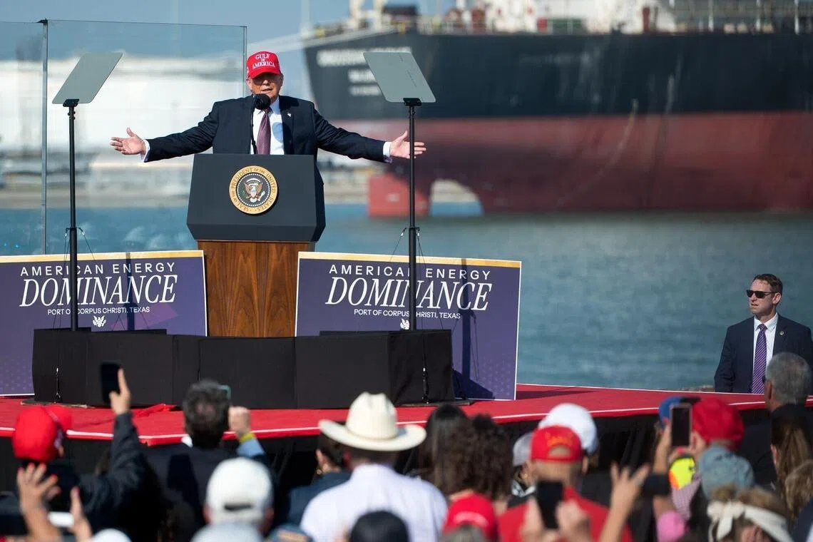 US President Donald Trump spoke to several hundred supporters at a waterfront rally in front of a ship he said had carried oil from the United States’ “new friend and partner” Venezuela.