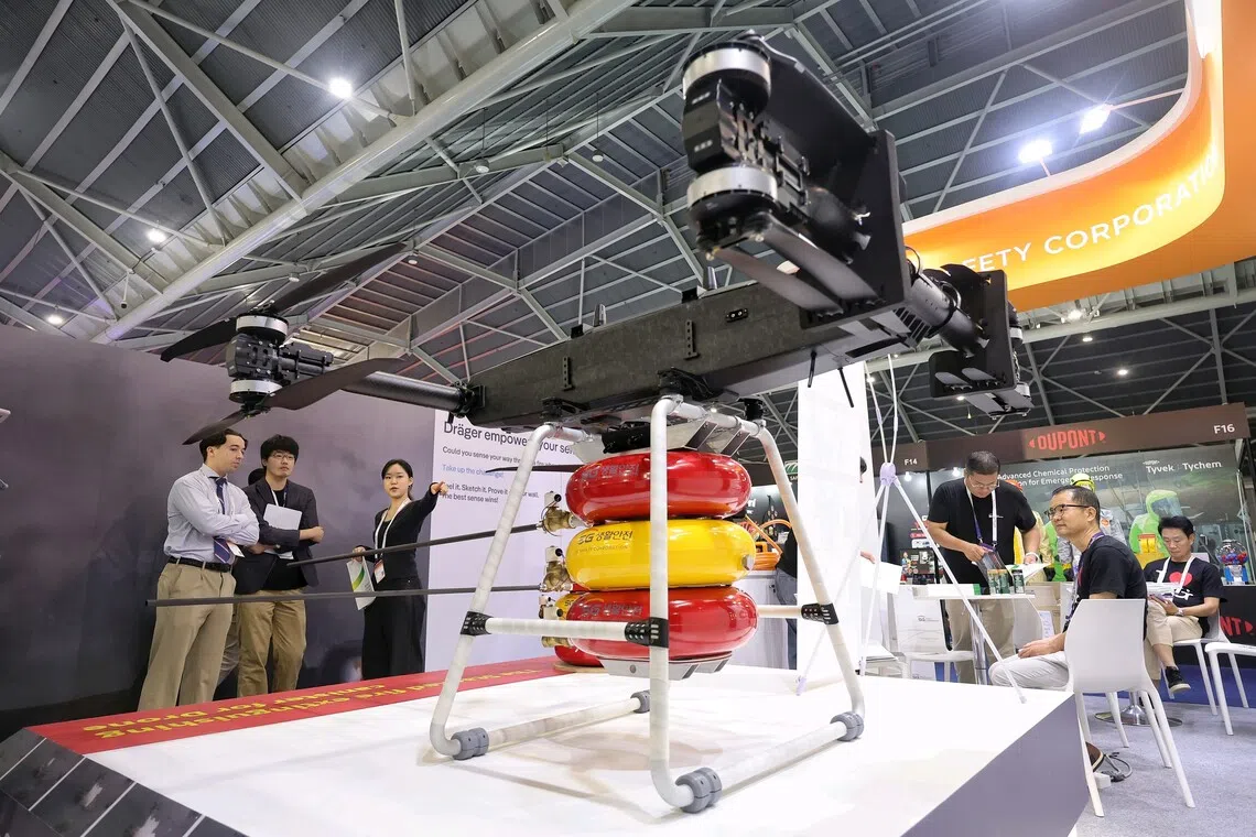 A fire-fighting drone at the booth of South Korea’s SG Safety Corporation.