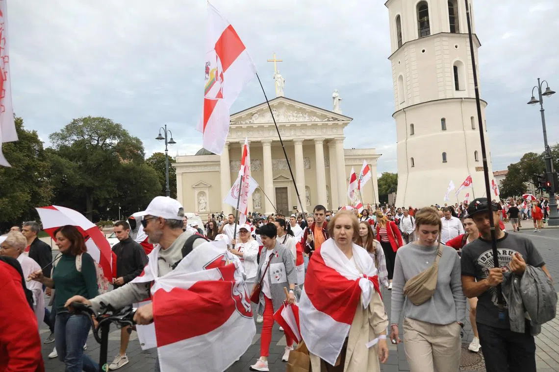 Belarusians and their supporters taking part in a march in Vilnius on Wednesday, three years after a disputed election and protests that erupted thereafter in Belarus. 