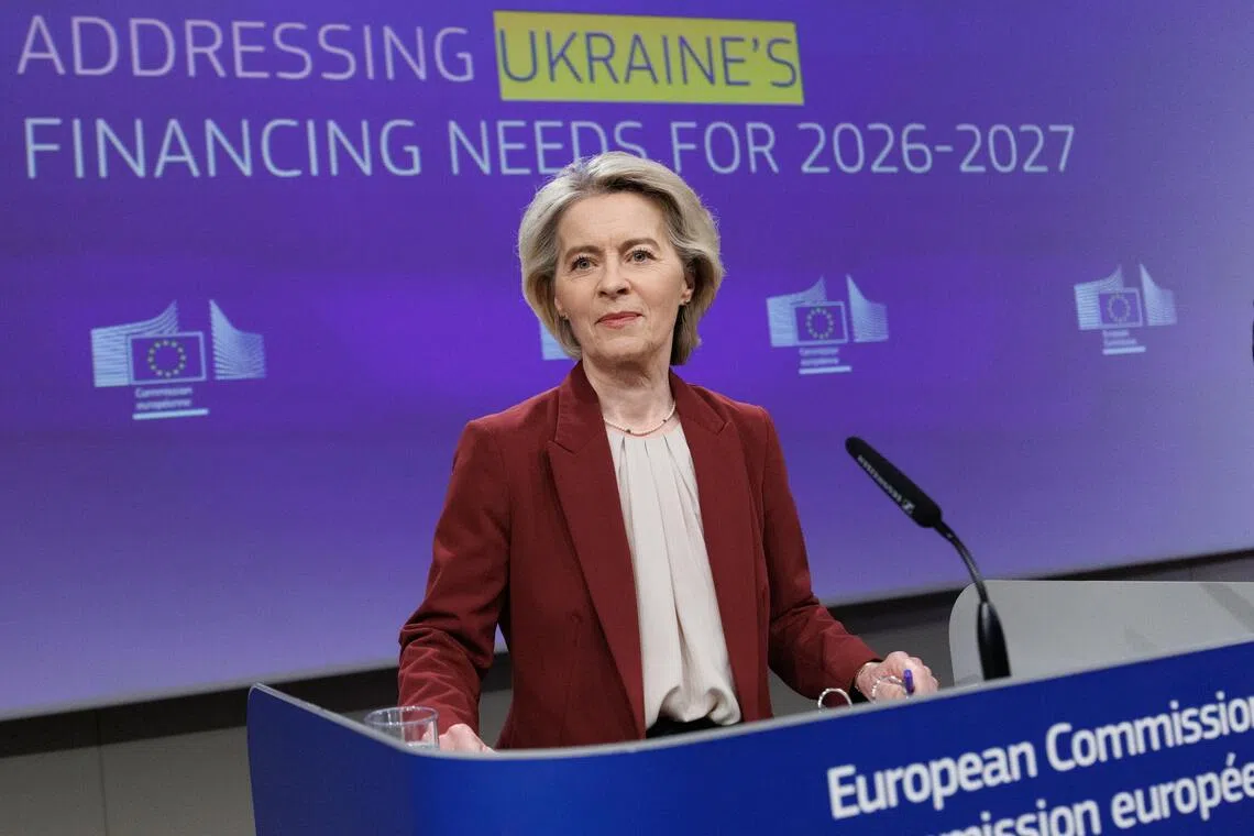 European Commission president Ursula von der Leyen speaking during a press conference on addressing Ukraine's financing needs for 2026–2027, in Brussels, Belgium, on Dec 3.
