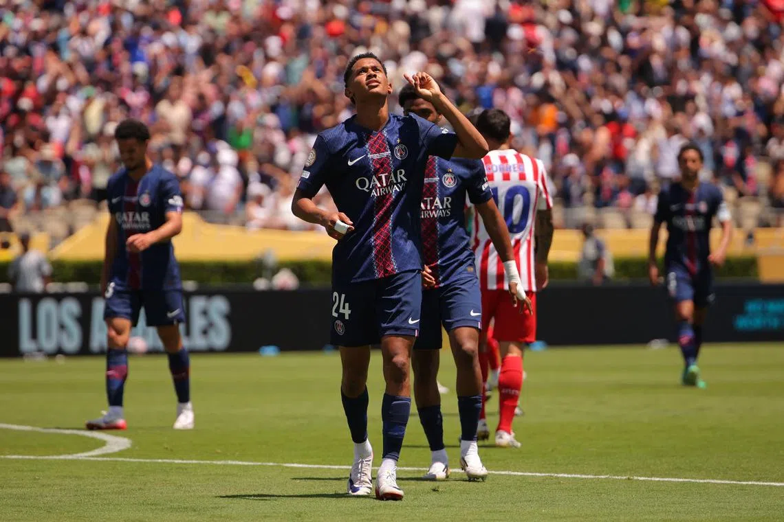Soccer Football - FIFA Club World Cup - Group B - Paris St Germain v Atletico Madrid - Rose Bowl Stadium, Pasadena, California, U.S. - June 15, 2025 Paris St Germain's Senny Mayulu celebrates scoring their third goal REUTERS/Daniel Cole