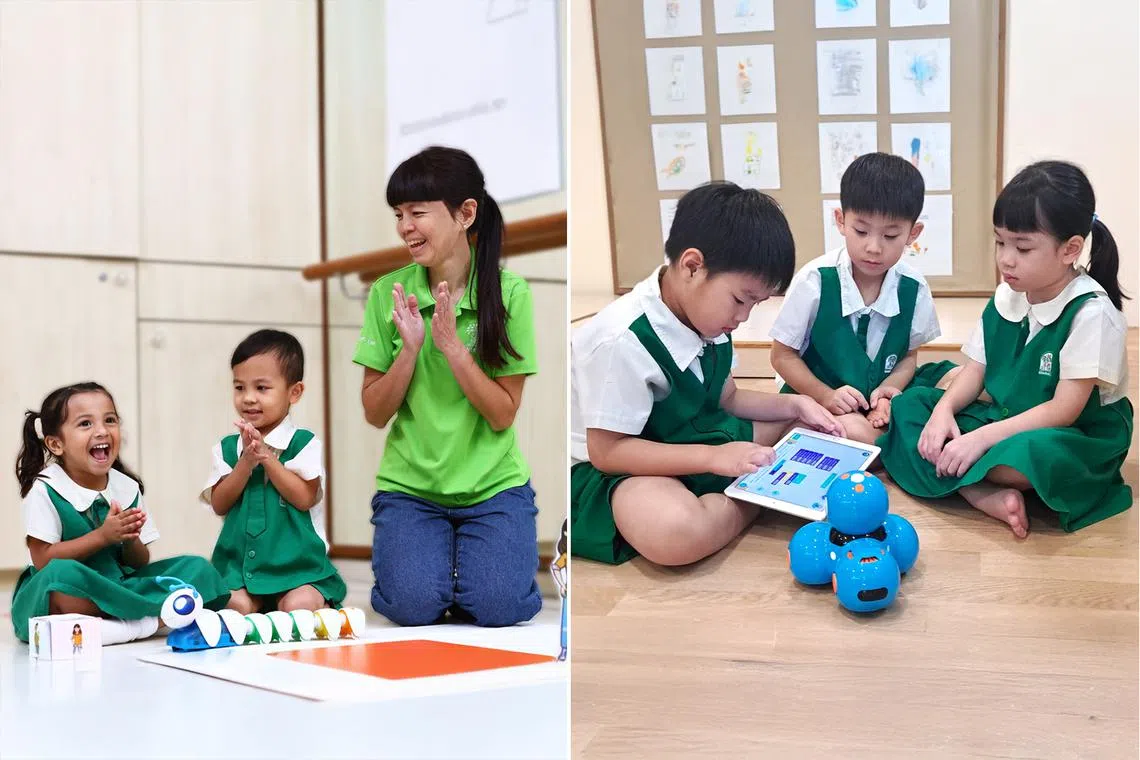 Kinderland students doing coding with toys and screens 