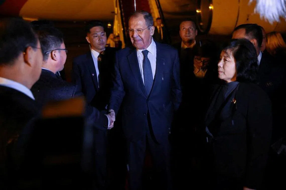 Russian Foreign Minister Sergei Lavrov takes part in a welcoming ceremony upon his arrival in Pyongyang, North Korea, October 18, 2023. Russian Foreign Ministry/Handout via REUTERS
