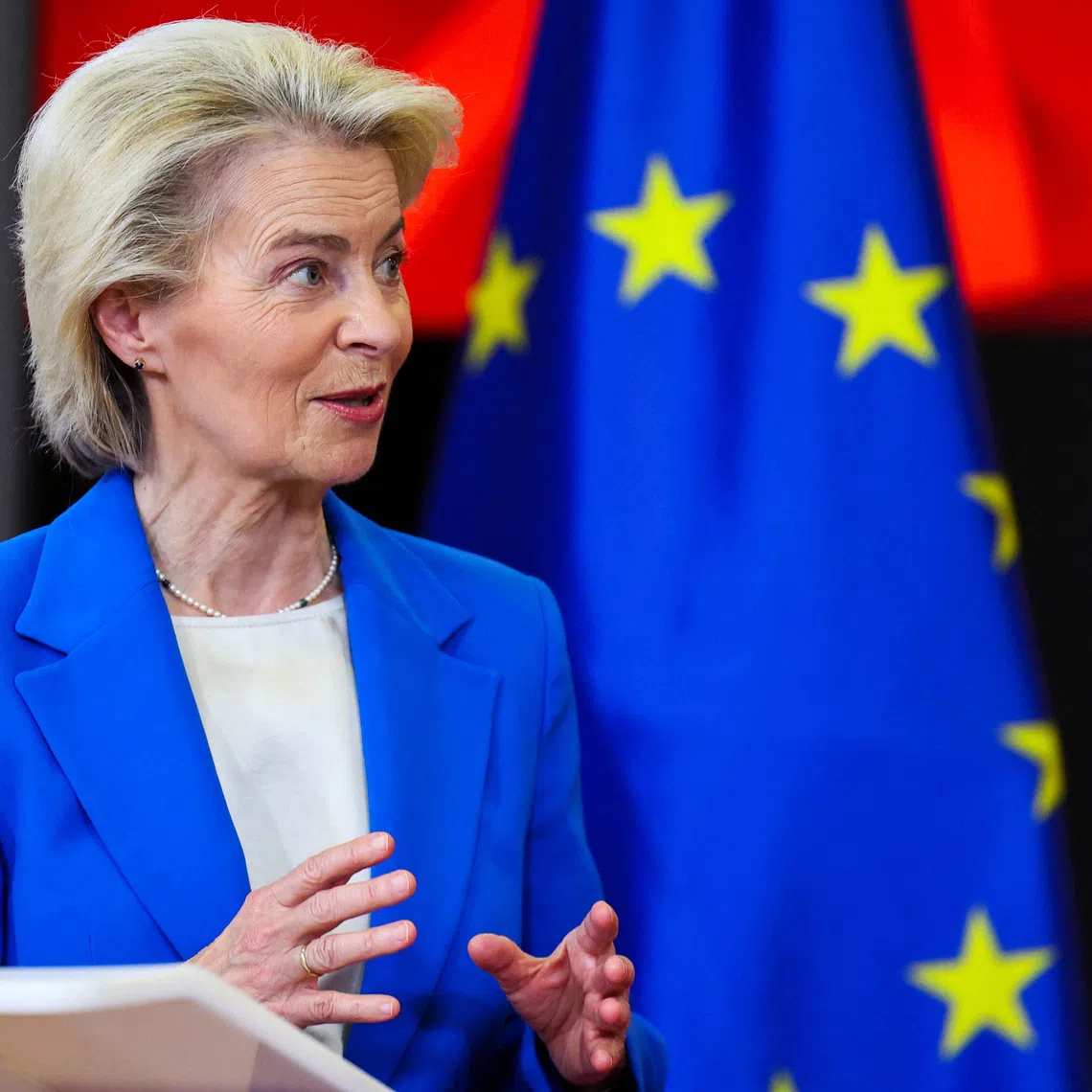 European Commission President Ursula von der Leyen attends a press conference, during her visit to Skopje, North Macedonia, October 2, 2026. REUTERS/Ognen Teofilovski