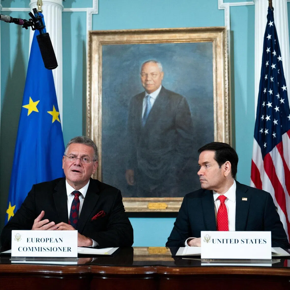 European Union Trade Commissioner Maros Sefcovic (left) speaking alongside US Secretary of State Marco Rubio, as they sign a memorandum of understanding for a strategic partnership on critical minerals in Washington, on April 24.