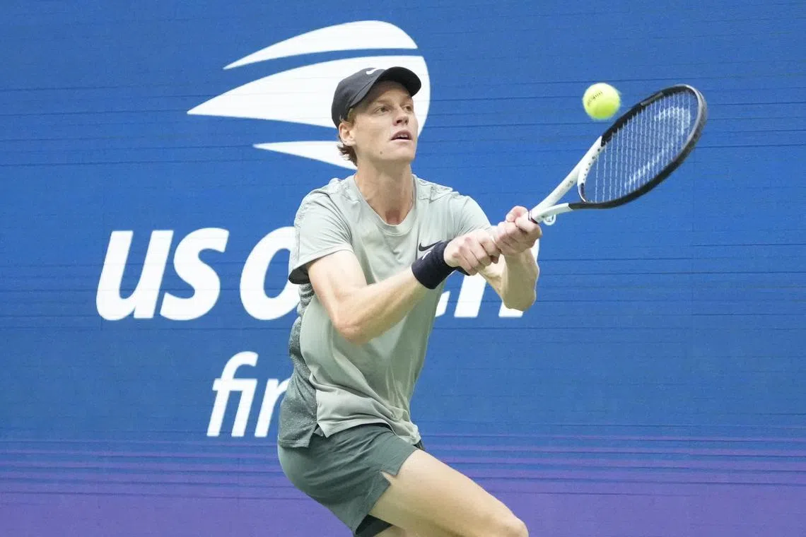 Sep 8, 2024; Flushing, NY, USA; Taylor Fritz (USA) (not pictured) and Jannik Sinner (ITA) play in the mens singles final of the 2024 U.S. Open tennis tournament at USTA Billie Jean King National Tennis Center. Mandatory Credit: Robert Deutsch-Imagn Images