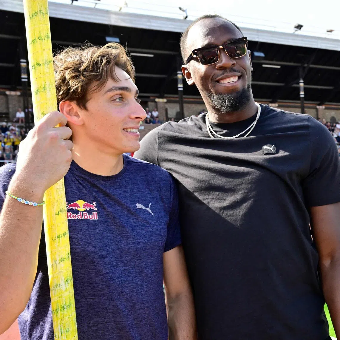 Legends in their own right, pole vault king Armand Duplantis (left) and sprint great Usain Bolt come together at the World Athletics Diamond League meeting in Stockholm on June 15.