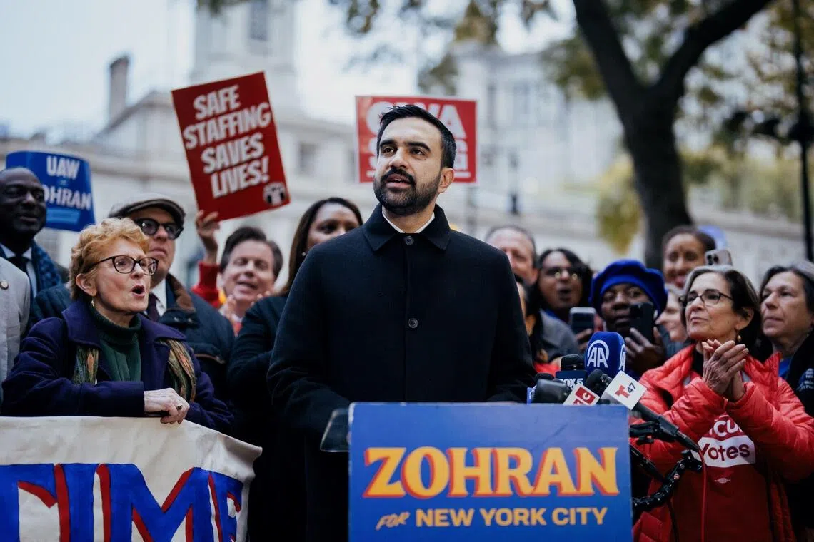 Zohran Mamdani, New York City mayoral candidate, speaking during a campaign event outside City Hall in New York, on  Nov 3. 