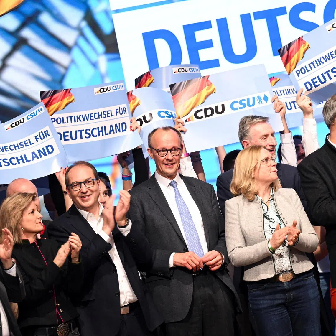 CDU chairman Friedrich Merz (centre) is set to become Germany’s next chancellor after the CDU won 28.5 per cent of the vote in the Feb 23 elections. 