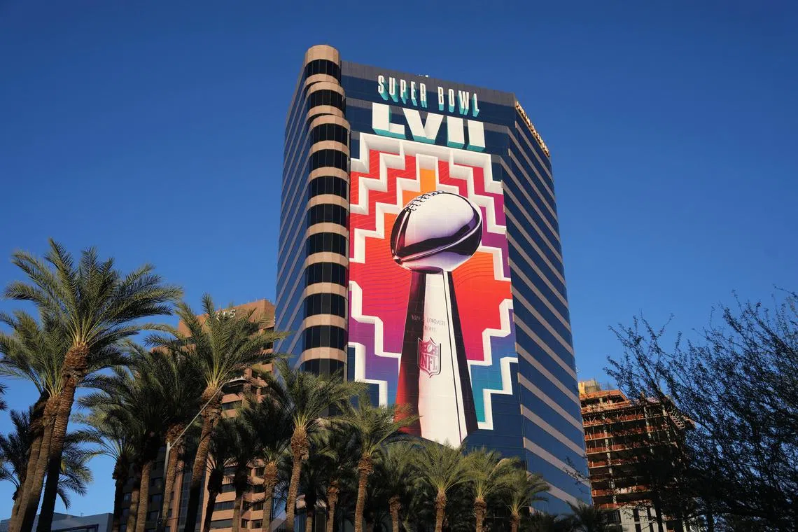 A Super Bowl LVII signage on the Arizona Public Service Company building.