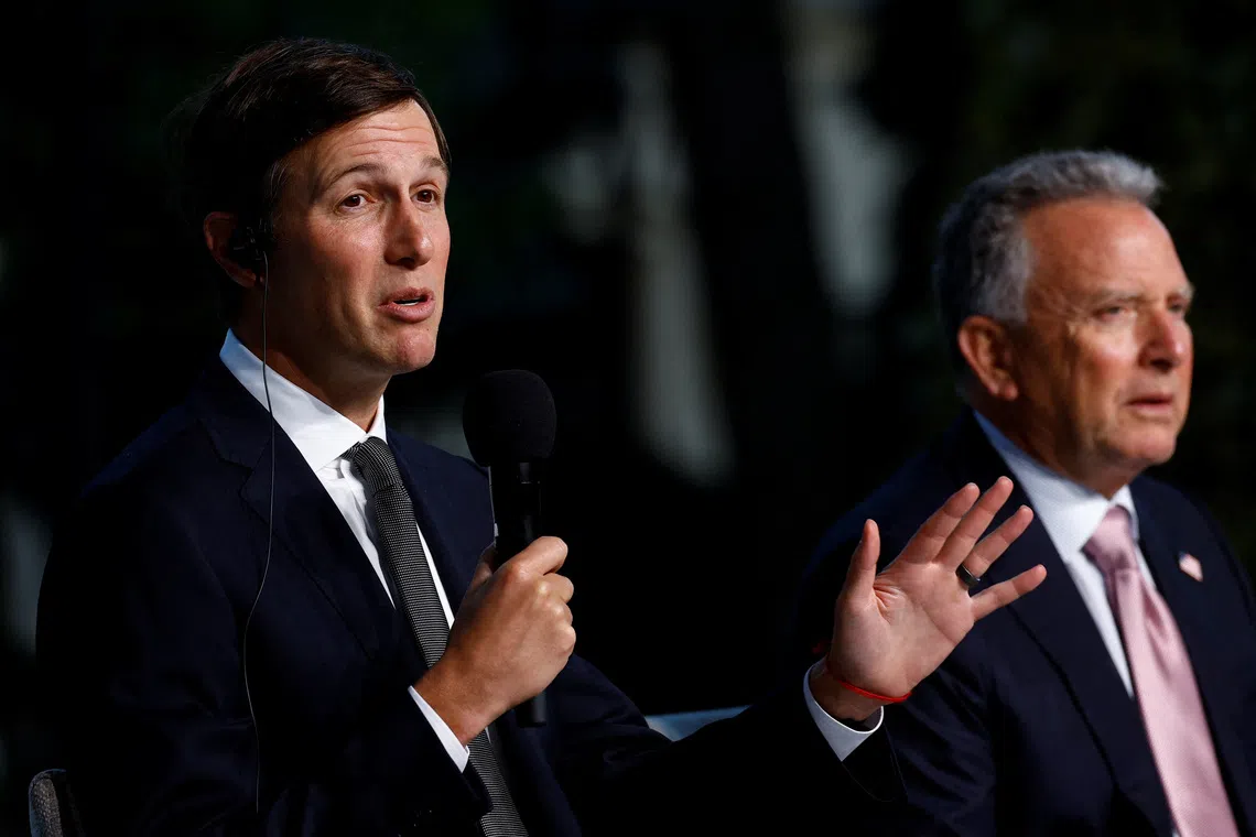 Jared Kushner, U.S. President Donald Trump's son-in-law, speaks while U.S. Special Envoy Steve Witkoff listens during a joint news conference with Ukraine's President Volodymyr Zelenskiy (not pictured), amid Russia's attack on Ukraine, in Kyiv, Ukraine September 6, 2026. REUTERS/Valentyn Ogirenko/File Photo