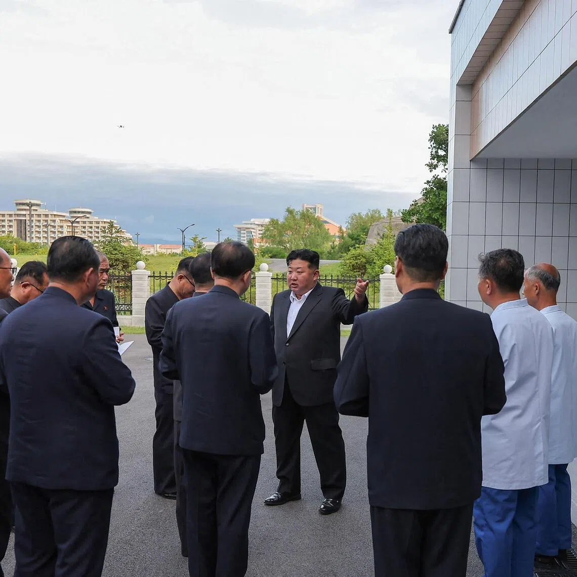 North Korean leader Kim Jong Un (centre) inspecting the newly constructed Kalma tourist station in the Wonsan-Kalma Coastal Tourist Zone on June 24