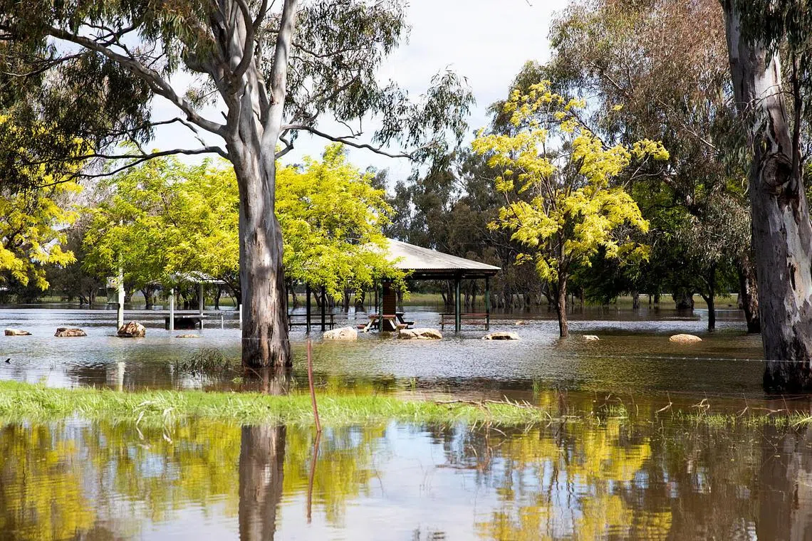 The Forbes Ski Dam is seen under floodwaters in Forbes, New South Wales, on Nov 3, 2022.