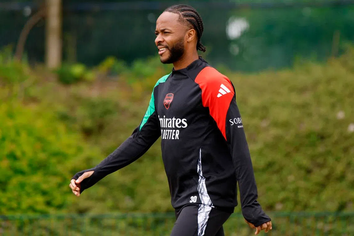 Soccer Football - Champions League - Arsenal Training - Arsenal Training Centre, London Colney, Britain - May 6, 2025 Arsenal's Raheem Sterling during training Action Images via Reuters/Peter Cziborra