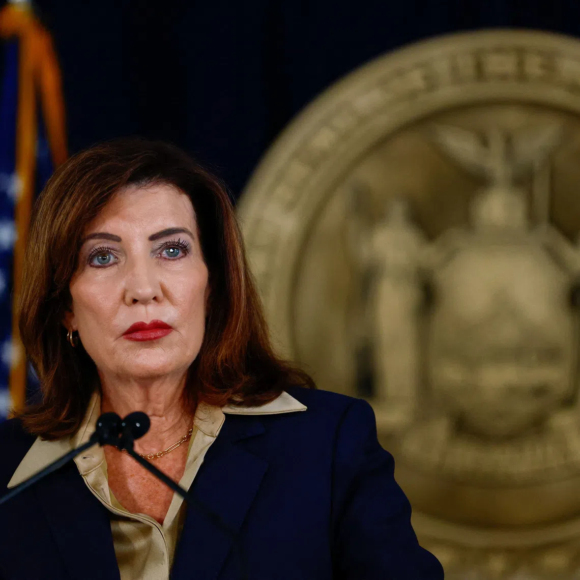 New York Governor Kathy Hochul speaks during a press conference regarding an investigation into alleged sexual assault at Cornell University, in New York City, US, October 2, 2026. REUTERS/Jeenah Moon